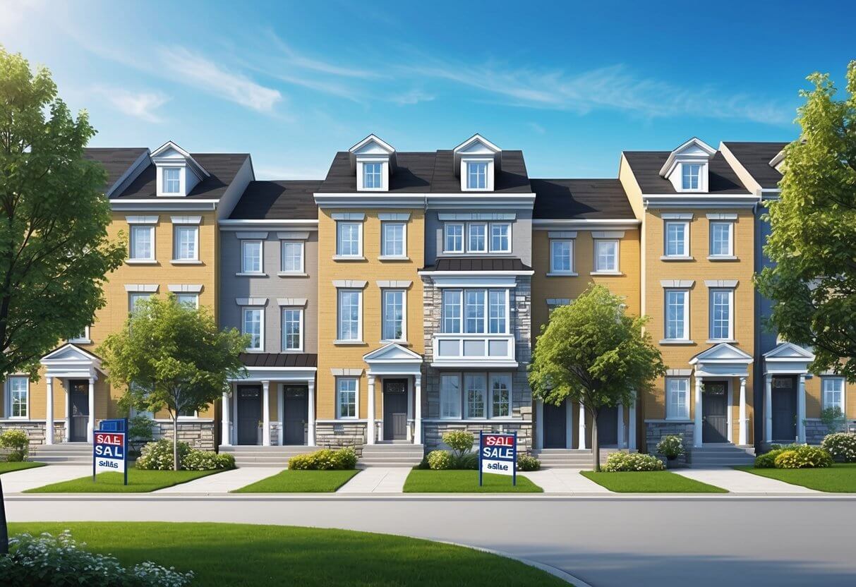 Investment Property Ottawa. A row of townhouses in Ottawa, Canada, with "For Sale" signs in front, surrounded by trees and a clear blue sky