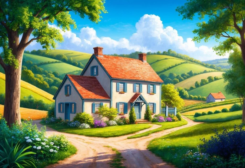 A charming farmhouse nestled in a picturesque rural landscape, surrounded by rolling hills and lush greenery, with a clear blue sky overhead