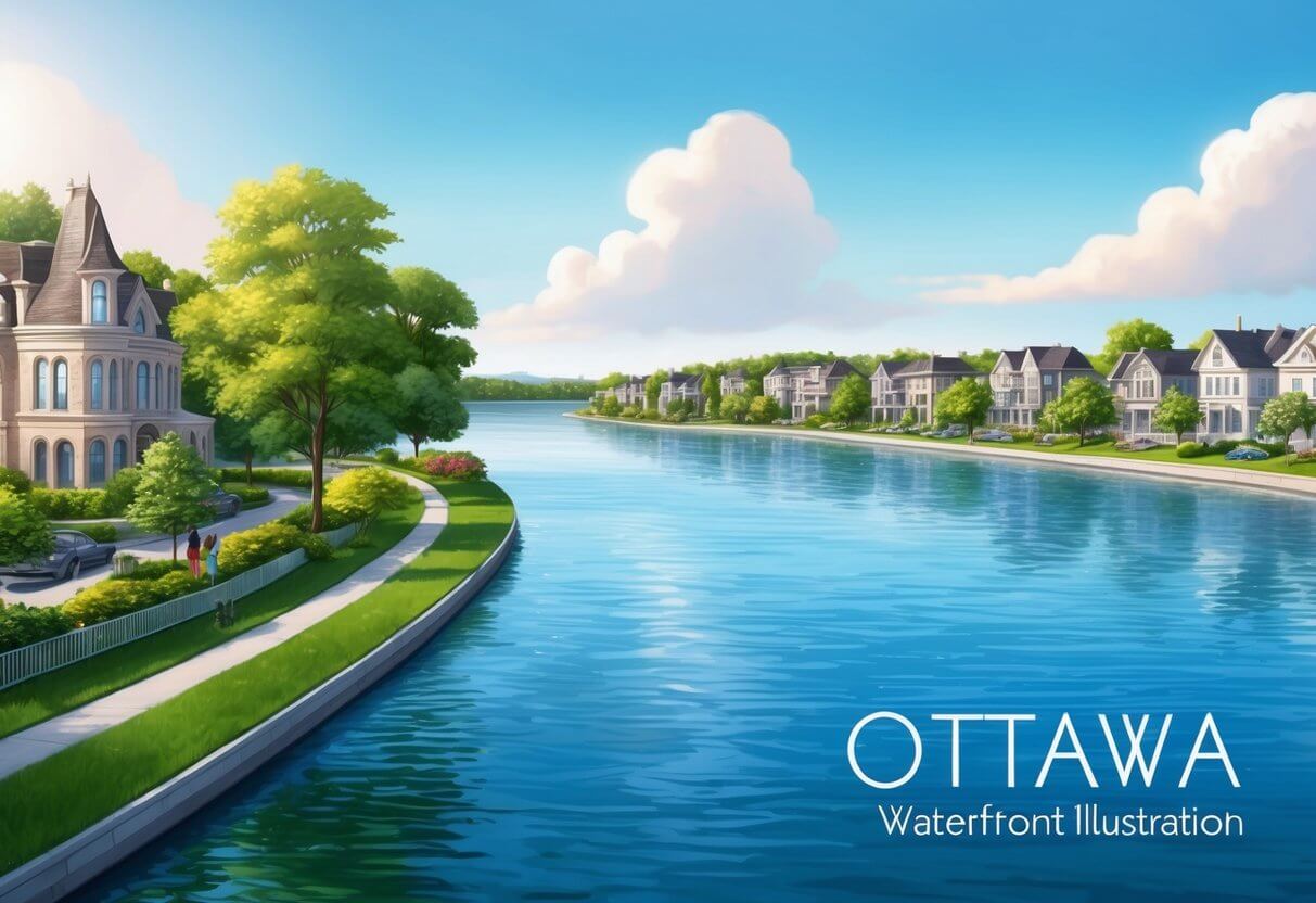 Ottawa waterfront real estate. A serene waterfront scene in Ottawa with a beautiful view of the river, lush greenery, and luxurious homes lining the shore