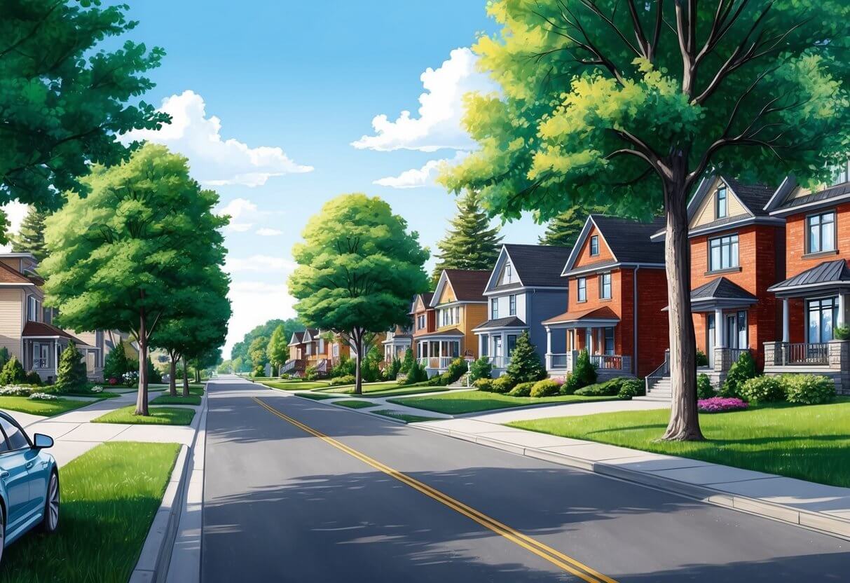 A quiet suburban street lined with tall trees and well-kept homes in Alta Vista, Ottawa
