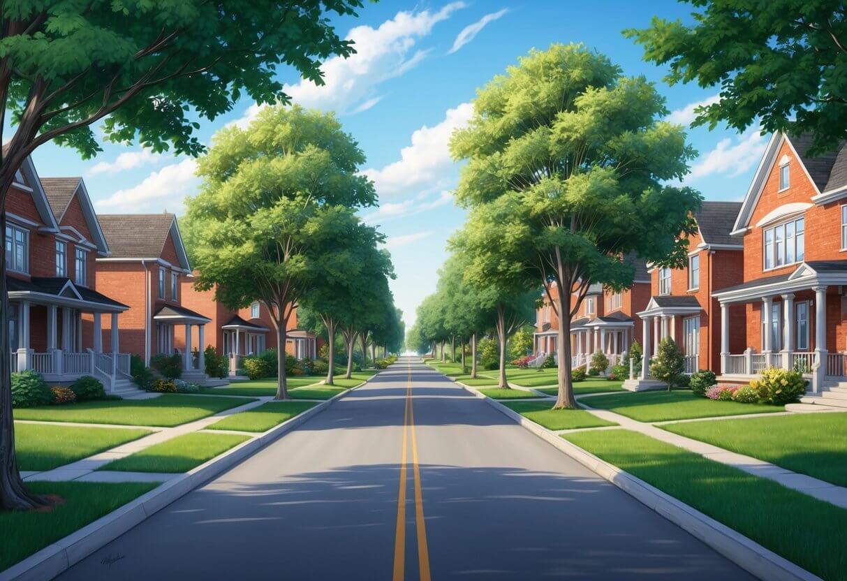 A quiet suburban street lined with mature trees and well-kept homes in Applewood Acres, Ottawa ON