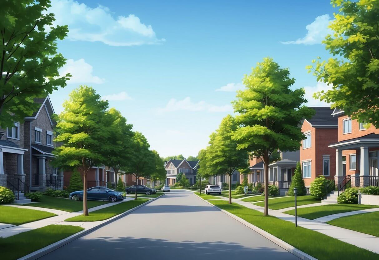 A serene suburban street lined with modern homes and lush green trees in the Barrhaven neighborhood of Ottawa, ON