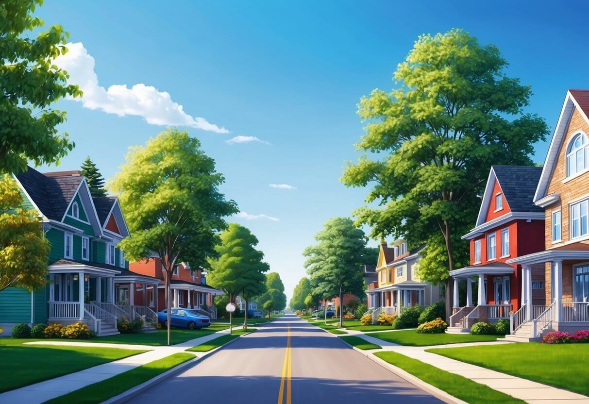 A peaceful suburban street in Bayshore Ottawa, lined with colorful homes and lush trees under a clear blue sky