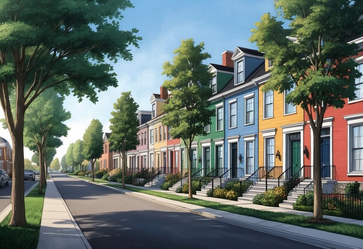 A row of colorful townhouses lined with mature trees on a quiet street in the Beechwood Avenue Neighbourhood