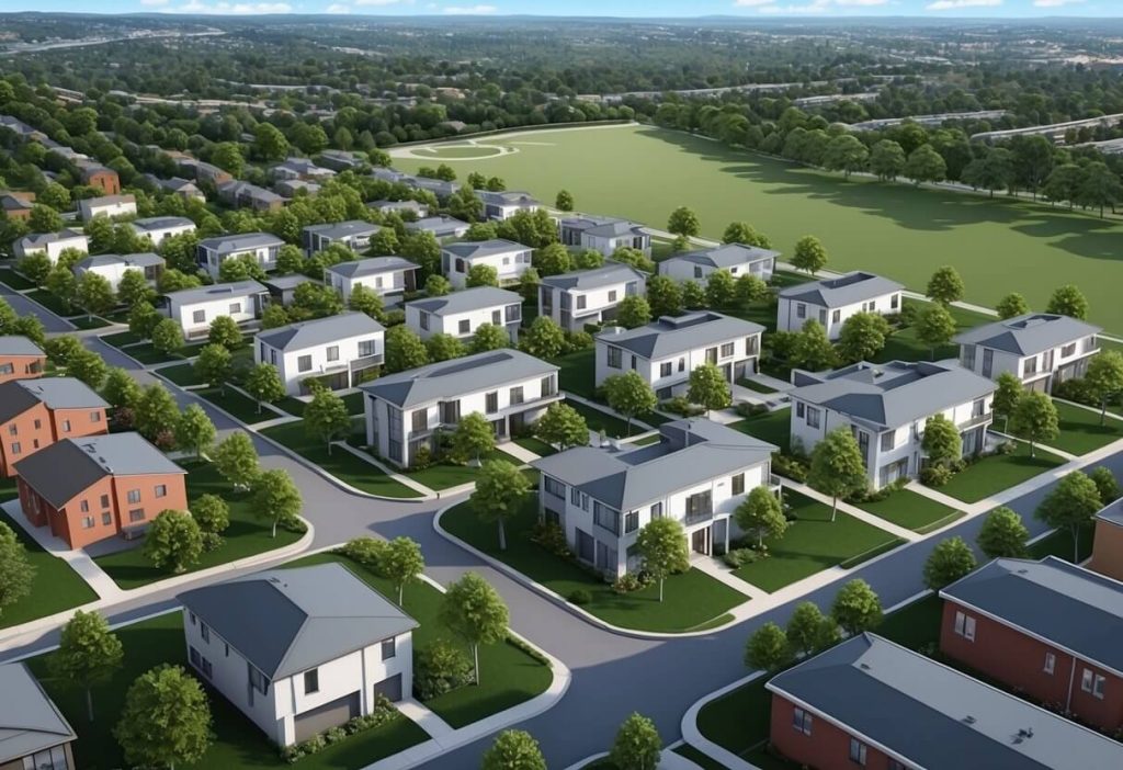 Aerial view of Bel Air Heights neighborhood with tree-lined streets, modern homes, and a nearby park
