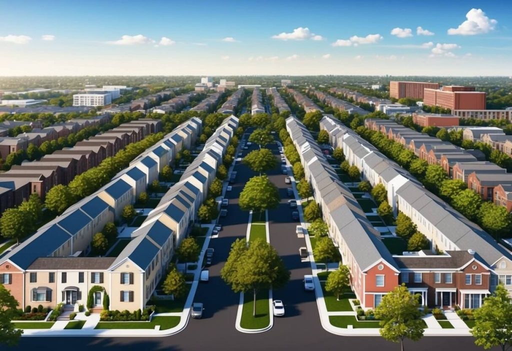 Aerial view of Bel Air Heights neighborhood with tree-lined streets, modern homes, and a nearby park