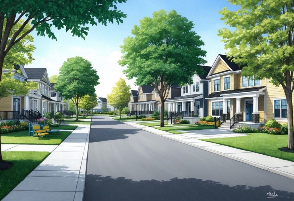 A quiet suburban street with tree-lined sidewalks, modern homes, and well-maintained gardens. Nearby parks and playgrounds offer a family-friendly atmosphere