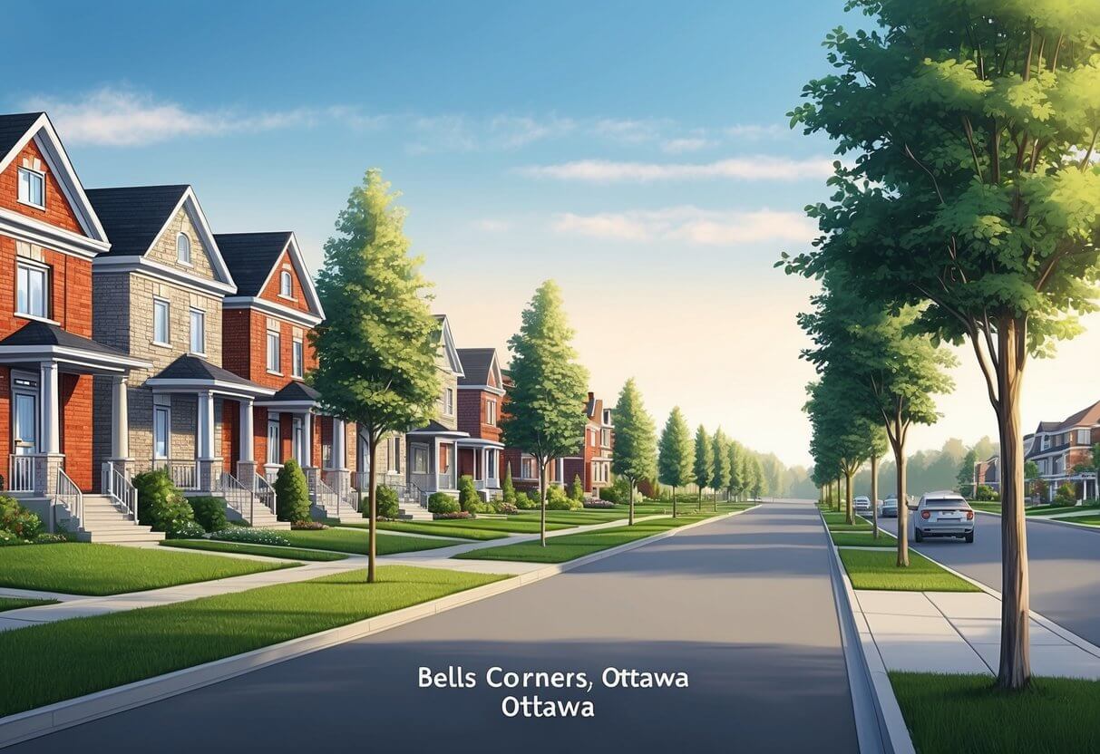 A suburban street in Bells Corners, Ottawa. Neat rows of houses with well-manicured lawns and tall trees lining the sidewalks