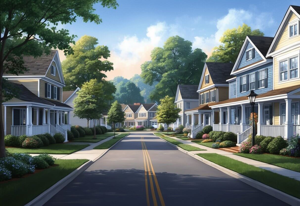 A quiet suburban street lined with cozy homes and lush greenery, showcasing the charm of Blackburn Hamlet real estate