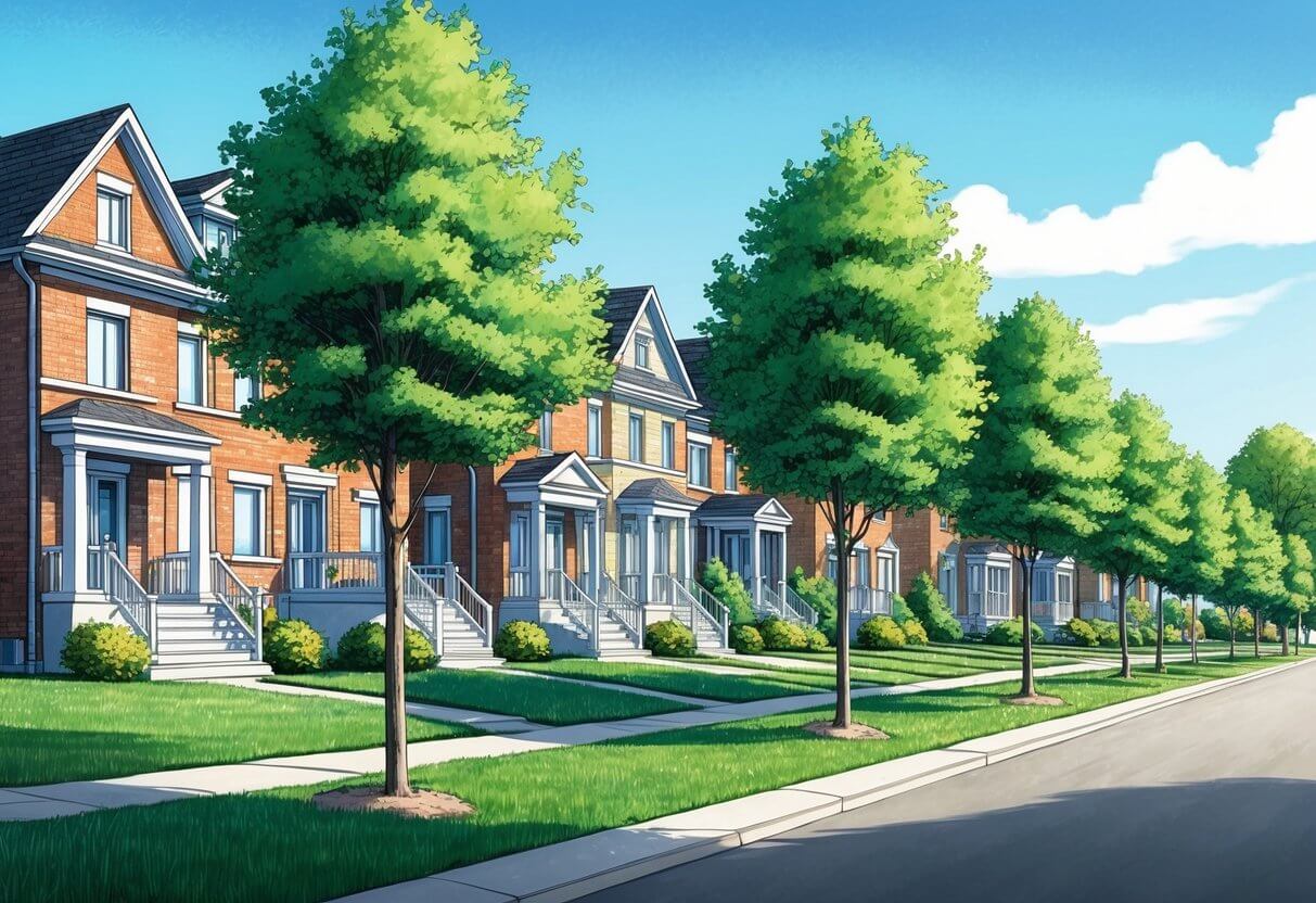 A peaceful suburban street in Bridlewood, Ottawa. Neat rows of houses with well-kept lawns and tree-lined sidewalks