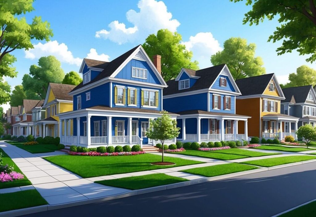 A sunny suburban street with colorful houses and neatly manicured lawns, surrounded by trees and parks in the Bridlewood neighborhood