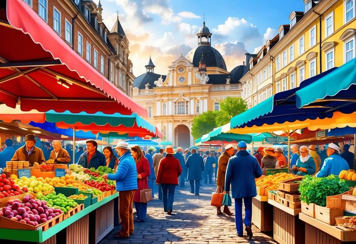 Busy outdoor market with colorful stalls, bustling crowds, and historic buildings in the background. Vibrant atmosphere with various goods and produce on display