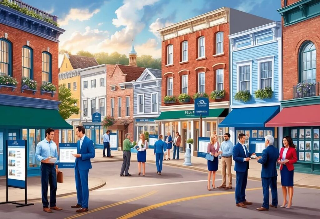 A bustling town center with a mix of historic and modern buildings, people browsing real estate listings, and agents meeting with potential buyers