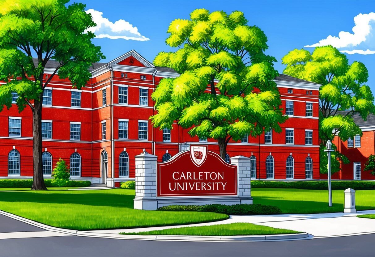 A sunny day on campus, with red brick buildings and lush green trees. The iconic Carleton University sign stands proudly at the entrance