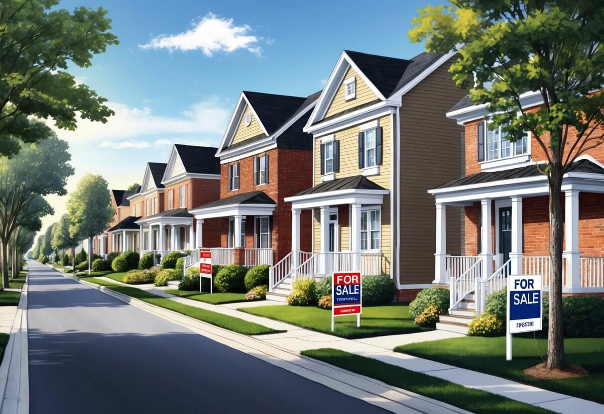 A cozy suburban street with For Sale signs, a mix of brick and siding houses, and mature trees lining the sidewalks