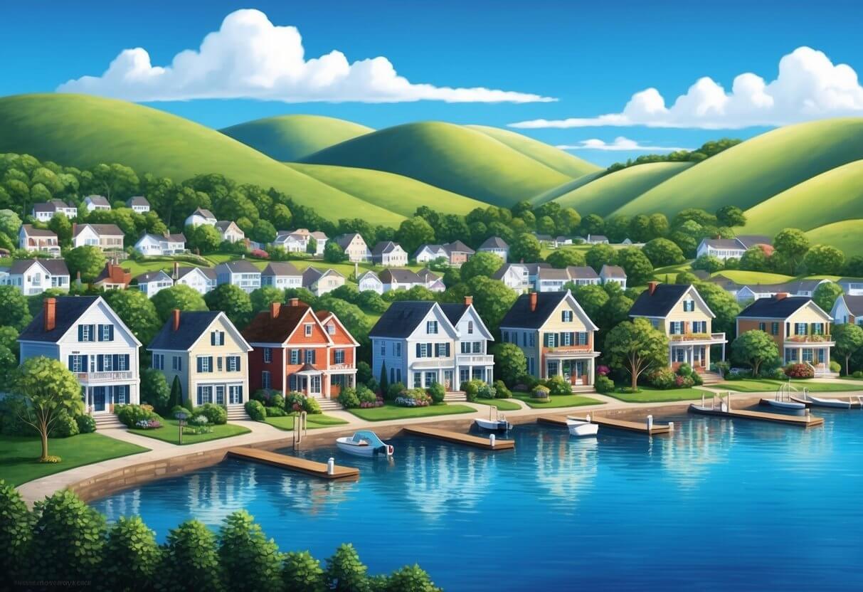 A serene lakeside town with quaint homes and lush greenery, surrounded by rolling hills and a clear blue sky