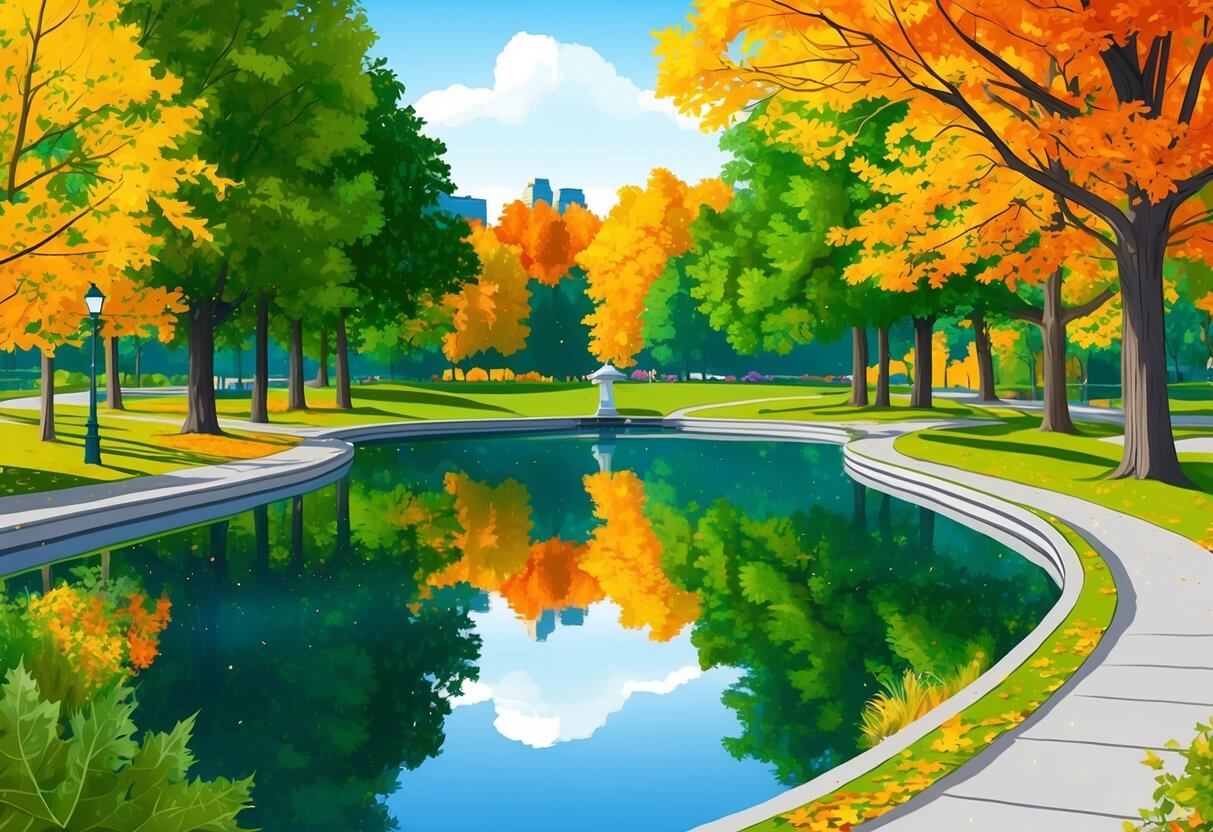 A serene pond reflects the vibrant autumn foliage in Central Park, Ottawa. Tall trees line the walking paths, creating a peaceful and picturesque setting for residents