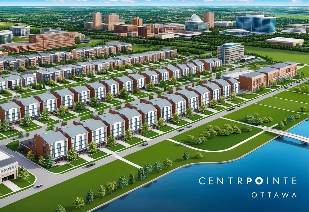 Aerial view of Centrepointe, Ottawa, with rows of residential houses, green parks, and commercial buildings