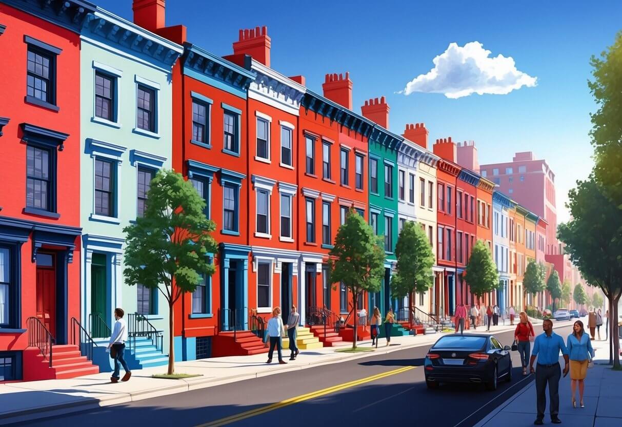 A bustling city street with colorful row houses, trees, and pedestrians