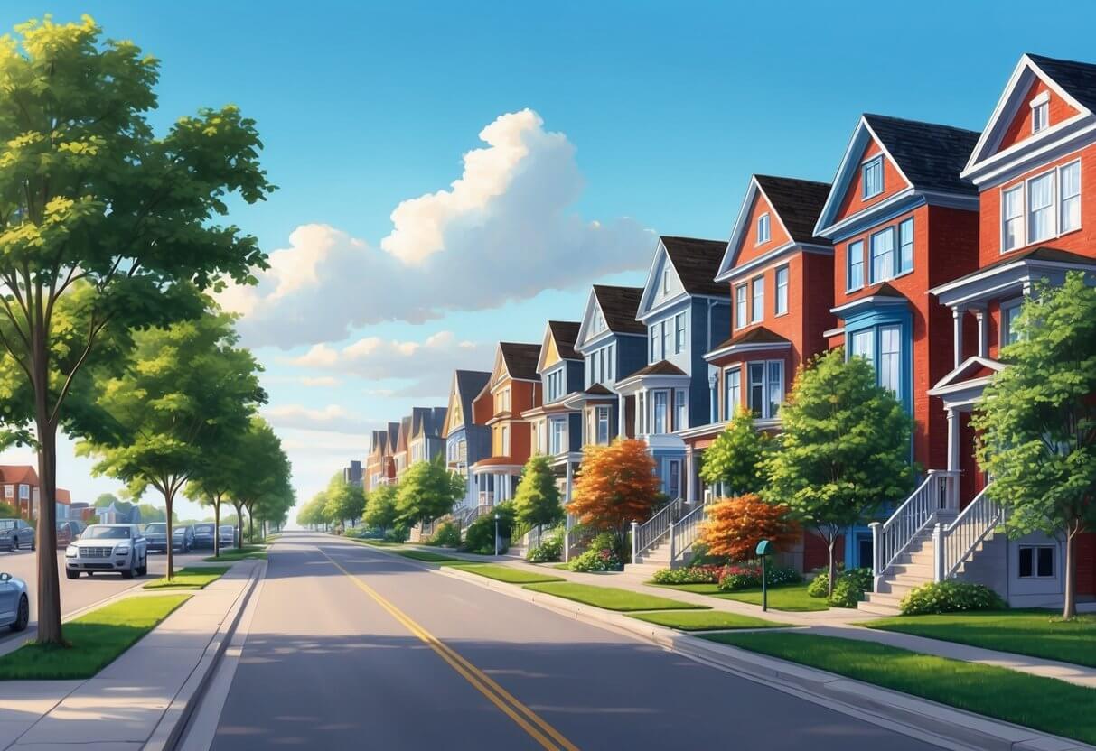 A charming street lined with colorful houses and lush trees in the peaceful neighborhood of Chapel Hill, Ottawa