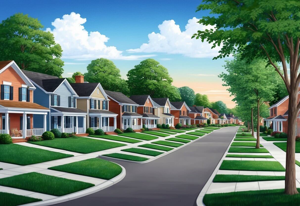 A suburban neighborhood with neatly lined houses and tree-lined streets in the quiet town of Greely
