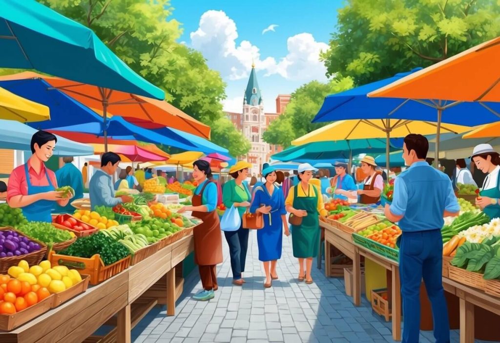 A bustling market with colorful stalls and a variety of vendors selling fresh produce, artisan goods, and local crafts in Kanata