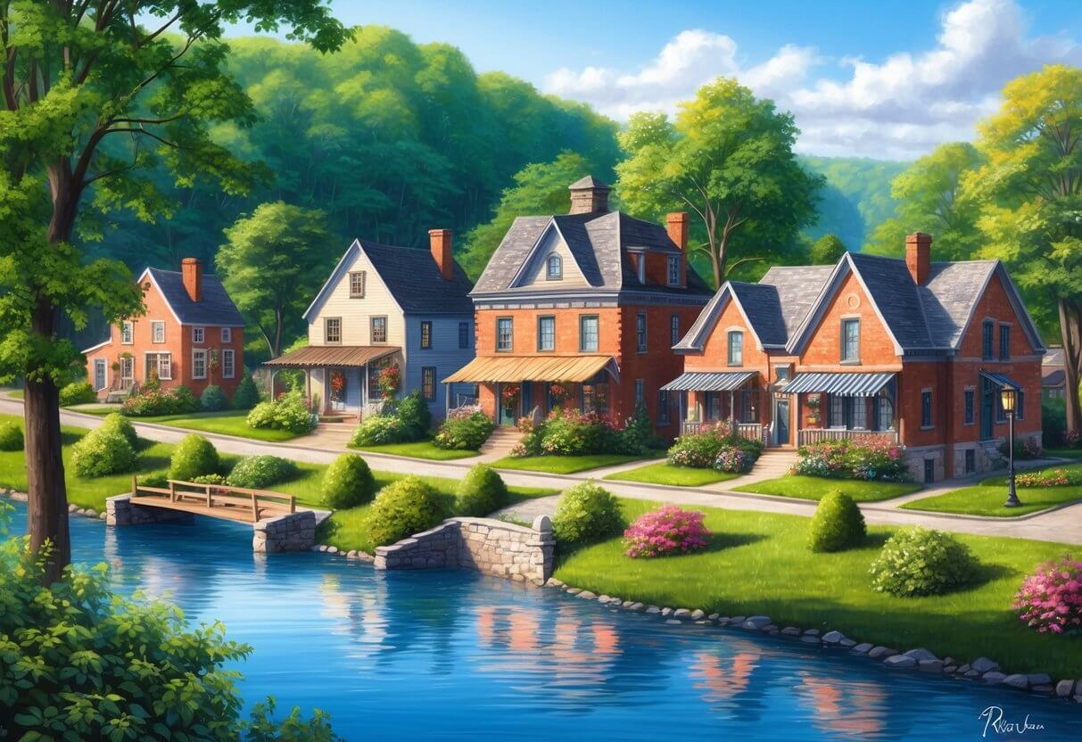 A quaint village with historic homes and lush greenery, nestled along the Rideau River
