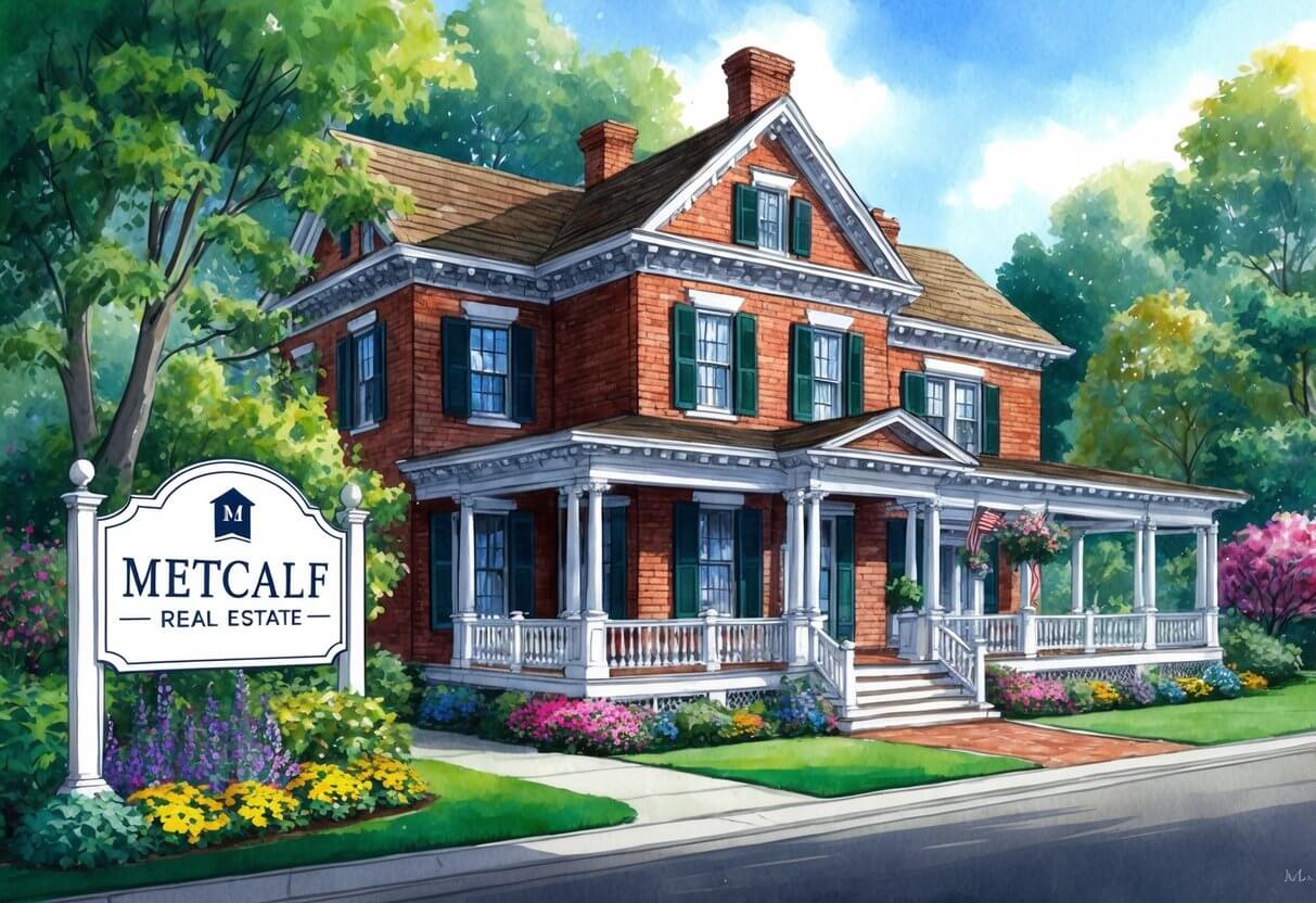 A charming, historic building with a "Metcalf Real Estate" sign out front, surrounded by lush greenery and colorful flowers