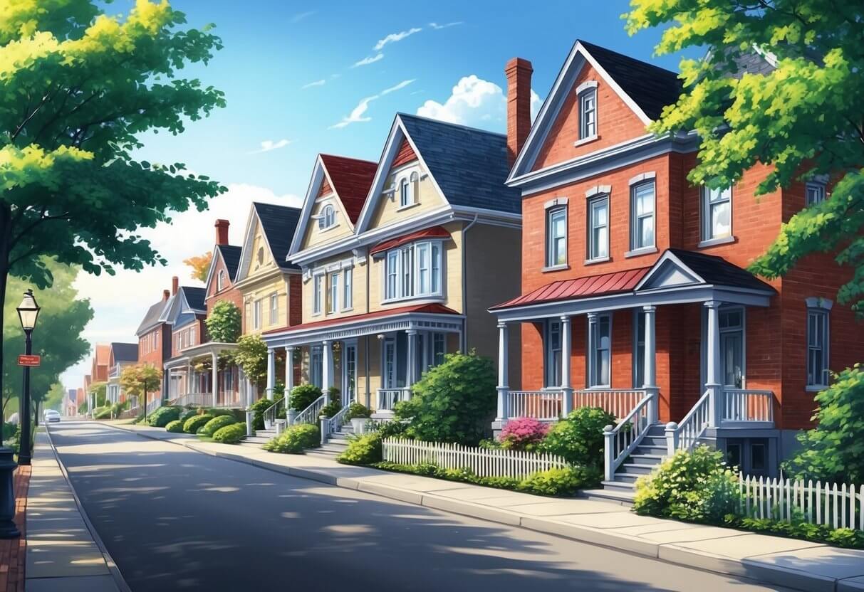 A quaint street in Navan, Ontario, lined with charming houses and lush greenery