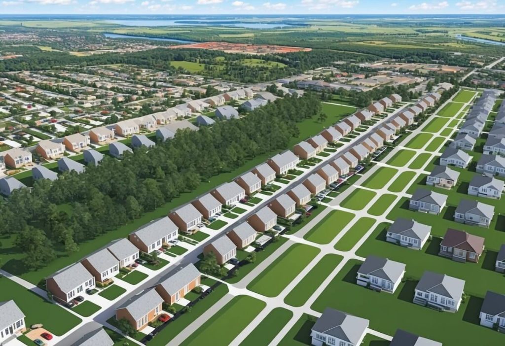 Aerial view of Navan, Ontario with rows of houses, green spaces, and a bustling real estate market
