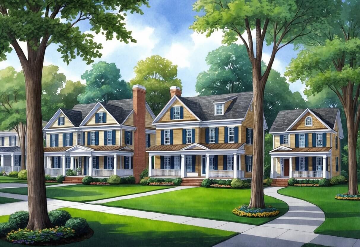 A quaint North Gower neighborhood with cozy homes nestled among tall trees and manicured lawns
