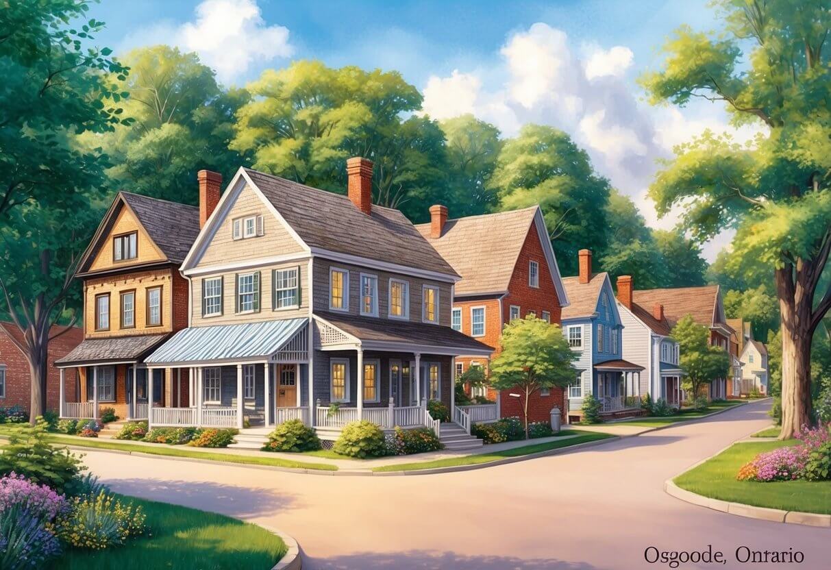 A quaint rural village with historic homes and tree-lined streets, nestled in the picturesque countryside of Osgoode, Ontario