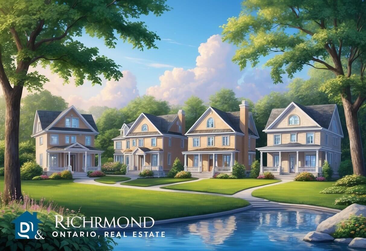 A picturesque landscape of Richmond, Ontario real estate, featuring charming homes surrounded by lush greenery and serene natural surroundings
