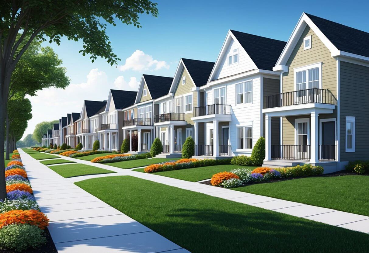 A row of modern homes in Stittsville, with neatly manicured lawns and colorful flowers lining the sidewalks