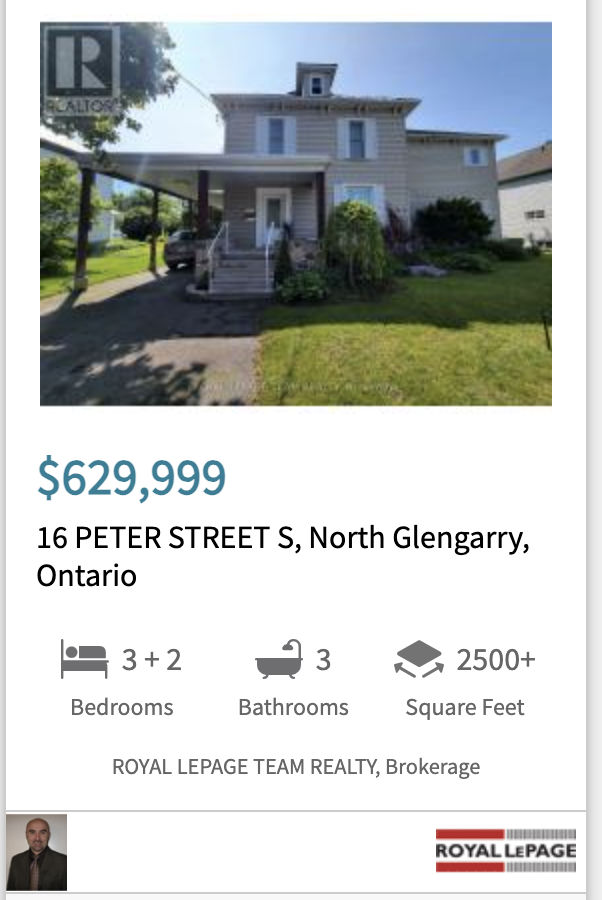Real estate listing for 16 Peter St. S. North Glengarry ON